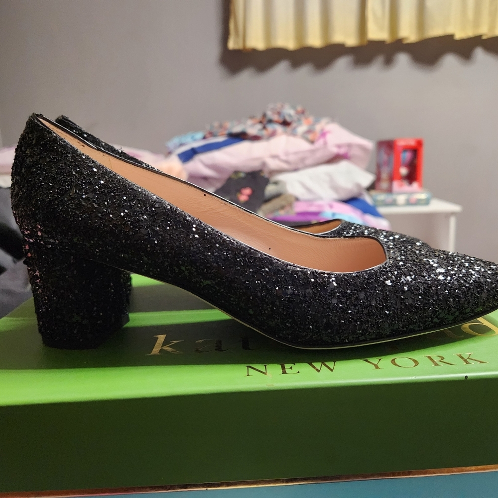Kate Spade Sparkling Glitter ChunkyBlack Heels Size 7. New In Box